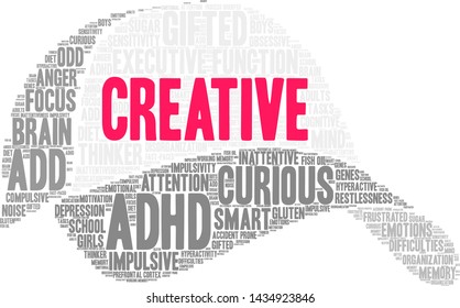 Creative ADHD word cloud on a white background. 