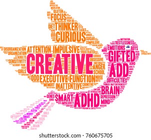 Creative ADHD word cloud on a white background. 