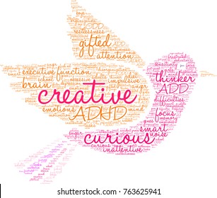 Creative ADHD word cloud on a white background. 