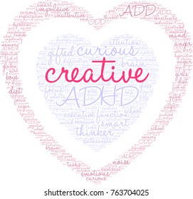 Creative ADHD word cloud on a white background. 