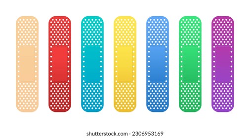 Creative adhesive plaster elastic medical patch. Plaster set. A colorful collection of seven different colors: red, orange, yellow, green, blue, blue and purple plasters. Vector illustration