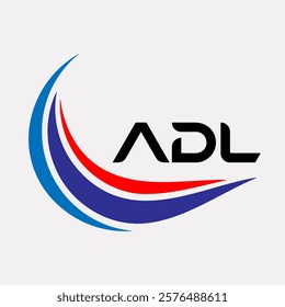 Creative ADL Logo Design Featuring Dynamic Blue and Red Swirls with Modern Typography on White Background