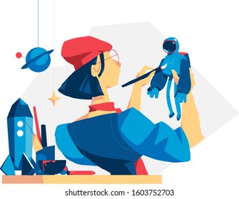 Creative adult designing toys for children. Space adventure story making - Vector