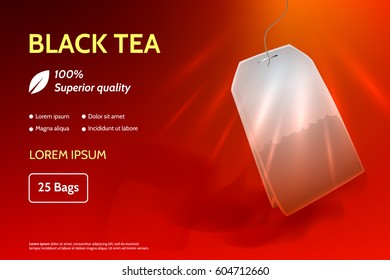 Creative advertising banner with tea bag. Reddish brown background. 3d mockup for your promo design. Vector eps 10