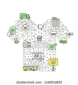 Creative advertising marketing concept in shape of t-shirt consisting of linear icons. Product promotion collage with audio advertisement, contextual advertising, radio, building billboards AD signs