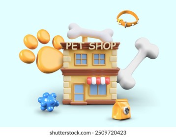 Creative advertising for pet shop. Large house decorated with various accessories