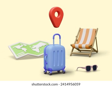 Creative advertising for tourism business. Suitcase with wheels, geo pin, world map, folding chair, sunglasses. Concept of summer vacation. Comfortable trip