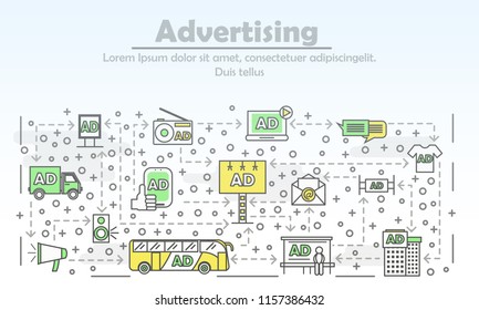 Creative advertising vector icons. Product promotion collage with classic printed marketing elements and modern AD such as banners, billboards, bus advertising, direct message, contextual advertising