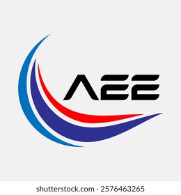 Creative AEE Logo Design Featuring Dynamic Blue and Red Swirls with Modern Typography on White Background