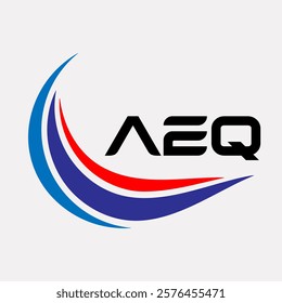 Creative AEQ Logo Design Featuring Dynamic Blue and Red Swirls with Modern Typography on White Background