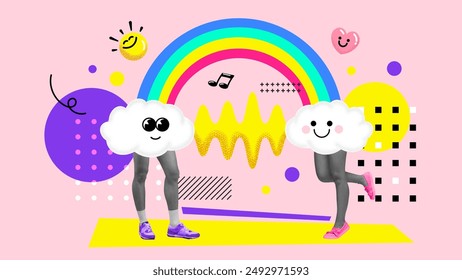 Creative aesthetic collage for Pride Month. Banner for Pride Month with LGBTQ Flag Colors and blurry gradient rainbow. Human rights and tolerance concept. Y2k style collage art. Vector illustration