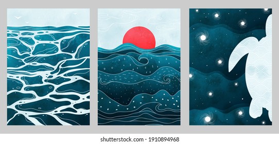 Creative aesthetic posters in Japanese vintage style. A4 vertical illustrations. Set of three backgrounds with watercolor texture and traditional pattern, thin lines, sea, sun, waves, turtle.