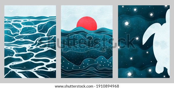 Creative aesthetic posters in Japanese vintage\
style. A4 vertical illustrations. Set of three backgrounds with\
watercolor texture and traditional pattern, thin lines, sea, sun,\
waves, turtle.
