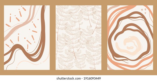 Creative aesthetic posters in minimalist vintage style. Vertical A4 illustrations for social media, web design, covers. A set of three abstract backgrounds with plants, leaves, abstract shapes, lines.