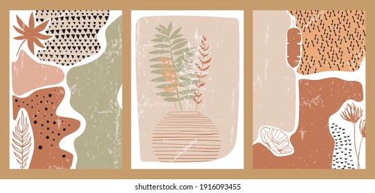 Creative aesthetic posters in minimalist vintage style. Vertical A4 illustrations for social media, web design, covers. A set of three abstract backgrounds with plants, leaves, abstract shapes, lines.