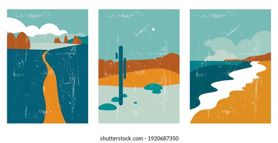 Creative aesthetic vintage style posters. A4 vertical illustrations with landscapes. A set of three minimalistic abstract backgrounds with grunge texture, sea, desert, fields, mountains, cactus.