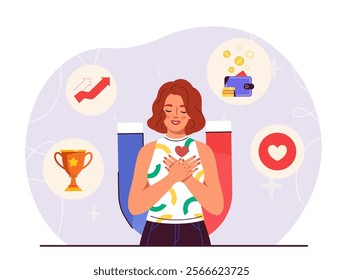 Creative affirmation concept. Woman dreams of career and financial success. Trophies, money and love. Positive and optimistic. Motivation and aspiration. Flat vector illustration