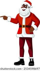 Creative African American Santa Claus full length in traditional red suit showing hand Vector