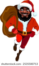 Creative African American Santa Claus running with a sack of gifts for children in full growth in cartoon style Vector