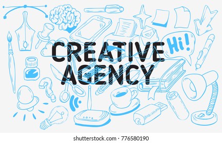 Creative Agency Artistic Cartoon Hand Drawn Sketchy Line Art Style Drawings Illustrations Icons  Design Of  Essential Related Objects Of Every Day Working Things And Tools. Vector Graphic.