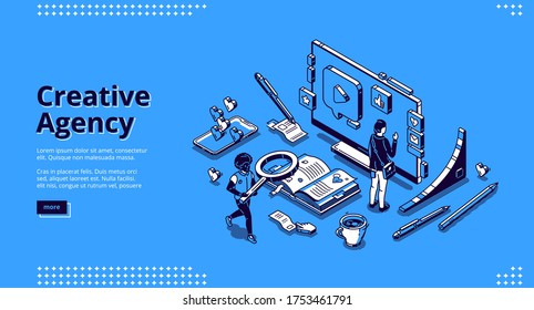 Creative agency banner. Digital design service, creative strategy for promotion and advertising company in social media. Vector landing page with isometric working people, computer and smartphone