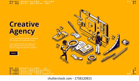 Creative agency banner. Creative strategy of digital design for promotion and advertising company in social media. Vector landing page with isometric working people, computer and smartphone