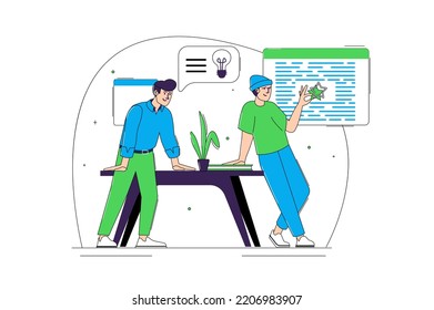 Creative Agency Blue And Green Concept With People Scene In The Flat Cartoon Design. Manager Explains A New Idea For Project To Colleague. Vector Illustration.