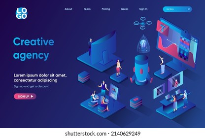 Creative agency concept 3d isometric web landing page. People work on project, analyze consumer, develop idea, create graphic content, advertise, promote. Vector illustration for web template design