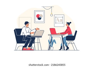 Creative agency concept in flat line design with people scene. Woman and man working as designers and artists, creating new ideas for projects, discussing tasks at office. Vector illustration for web