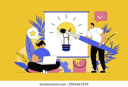 Creative agency concept with modern flat design for web. Team generates new ideas and brainstorming, developing advertising campaign for business, drawing digital art in studio. Vector illustration.