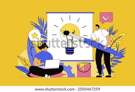 Creative agency concept with modern flat design for web. Team generates new ideas and brainstorming, developing advertising campaign for business, drawing digital art in studio. Vector illustration.