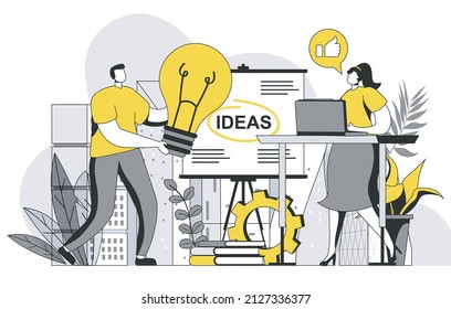 Creative agency concept with outline people scene. Team generates creative ideas and brainstorms, develops advertising campaign for business. Vector illustration in flat line design for web template