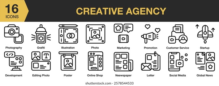 Creative Agency icon set. Includes creative, professional, business, work, office, teamwork, and More. Outline icons vector collection.