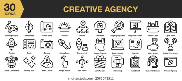 Creative Agency icon set. Includes office, creative, company, work, project, business, and More. Outline icons vector collection.