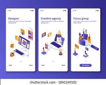 Creative agency isometric design kit. Focus group discussion, design studio templates for mobile app. Marketing and promotion UI UX onboarding screens. Vector illustration with tiny people characters.