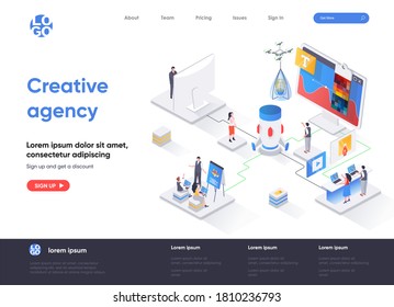 Creative Agency Isometric Landing Page. Creative Design Workshop Isometry Concept. Professional Branding, Creativity And Ideas Visualization Flat Web Page. Vector Illustration With People Characters.