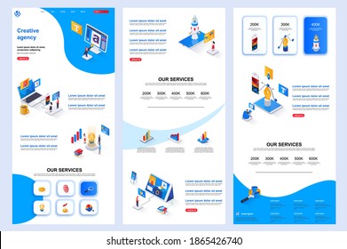 Creative agency isometric landing page. Idea generation, design and creativity corporate website design template. Web banner template with header, middle content, footer. Isometry vector illustration.