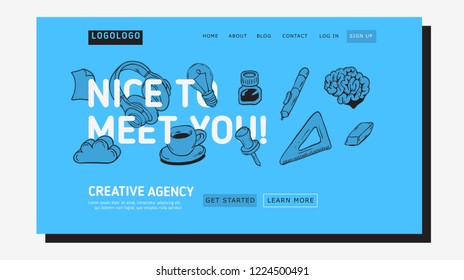 Creative Agency Office Landing Page Example Design For Web With Artistic Hand Drawn Sketchy Line Art Drawings Illustrations Of Essential Related Objects Of Every Day Working  Tools. Vector Graphic.	