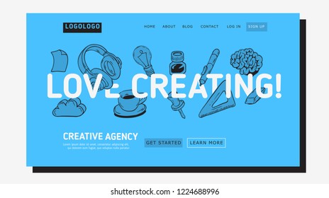 Creative Agency Office Landing Page Example Mockup Design For Web With Artistic Hand Drawn  Line Art Drawings Illustrations Of Essential Related Objects Of Every Day Working  Tools. Vector Graphic.	