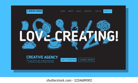Creative Agency Office Landing Page Example Mockup Design For Web With Artistic Hand Drawn  Line Art Drawings Illustrations Of Essential Related Objects Of Every Day Working  Tools. Vector Graphic.	