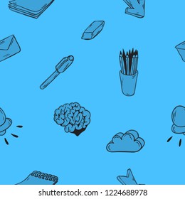Creative Agency Office Seamless Pattern Design With Artistic  Hand Drawn Sketchy Line Art Drawings Illustrations Of Essential Related Objects Of Every Day Working Things And Tools. Vector Graphic.	