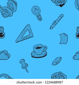 Creative Agency Office Seamless Pattern Design With Artistic  Hand Drawn Sketchy Line Art Drawings Illustrations Of Essential Related Objects Of Every Day Working Things And Tools. Vector Graphic.	
