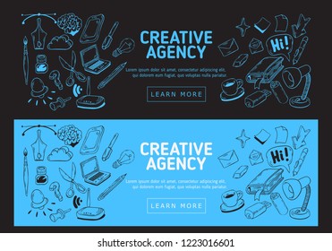 Creative Agency Office Web Banner Design With Artistic Cartoon Hand Drawn Sketchy Line Art Drawings Illustrations Of Essential Related Objects Of Every Day Working Things And Tools. Vector Graphic.	
