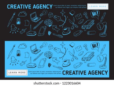 Creative Agency Office Web Banner Design With Artistic Cartoon Hand Drawn Sketchy Line Art Drawings Illustrations Of Essential Related Objects Of Every Day Working Things And Tools. Vector Graphic.	
