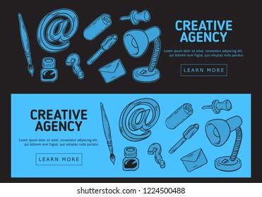 Creative Agency Office Web Banner Design With Artistic Cartoon Hand Drawn Sketchy Line Art Drawings Illustrations Of Essential Related Objects Of Every Day Working Things And Tools. Vector Graphic.	