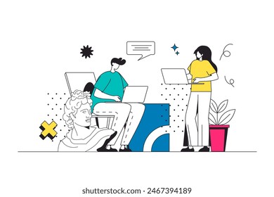 Creative agency outline web concept in modern flat line design. Designer team brainstorming and creating trendy digital content and advertising, working at company art projects. Vector illustration
