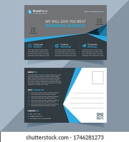 Creative Agency Postcard Template Design With Blue And Black Accents. multipurpose business marketing materials for corporate Company. Poster and banner layout for company advertisement.6X4 print file