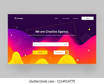Creative agency responsive landing page design with wavy fluid art abstract on purple background.