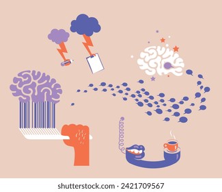 Kreative Agentur Wand Design verrückte Illustration Set. Produktform-Idee schaffen, zu Brainstorming, Kommunikation und Ideenreichtum führen.