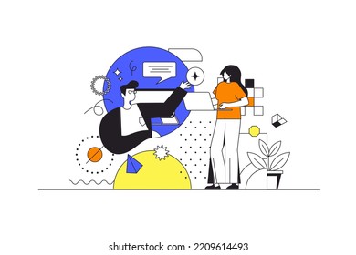 Creative agency web concept in flat outline design with characters. Man and woman designers generate creative ideas and develop advertising campaign for business, people scene. Vector illustration.